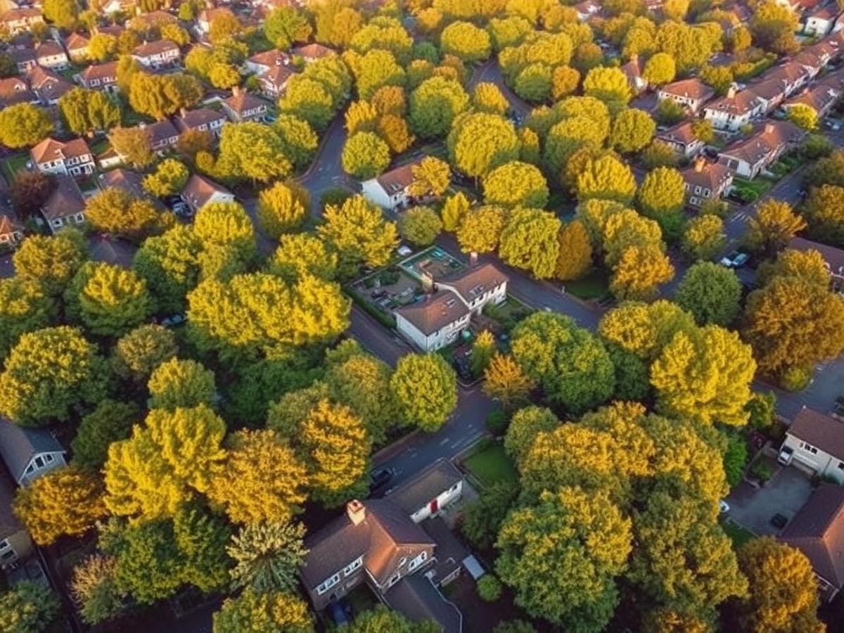 Aerial view of a tree-lined residential neighborhood